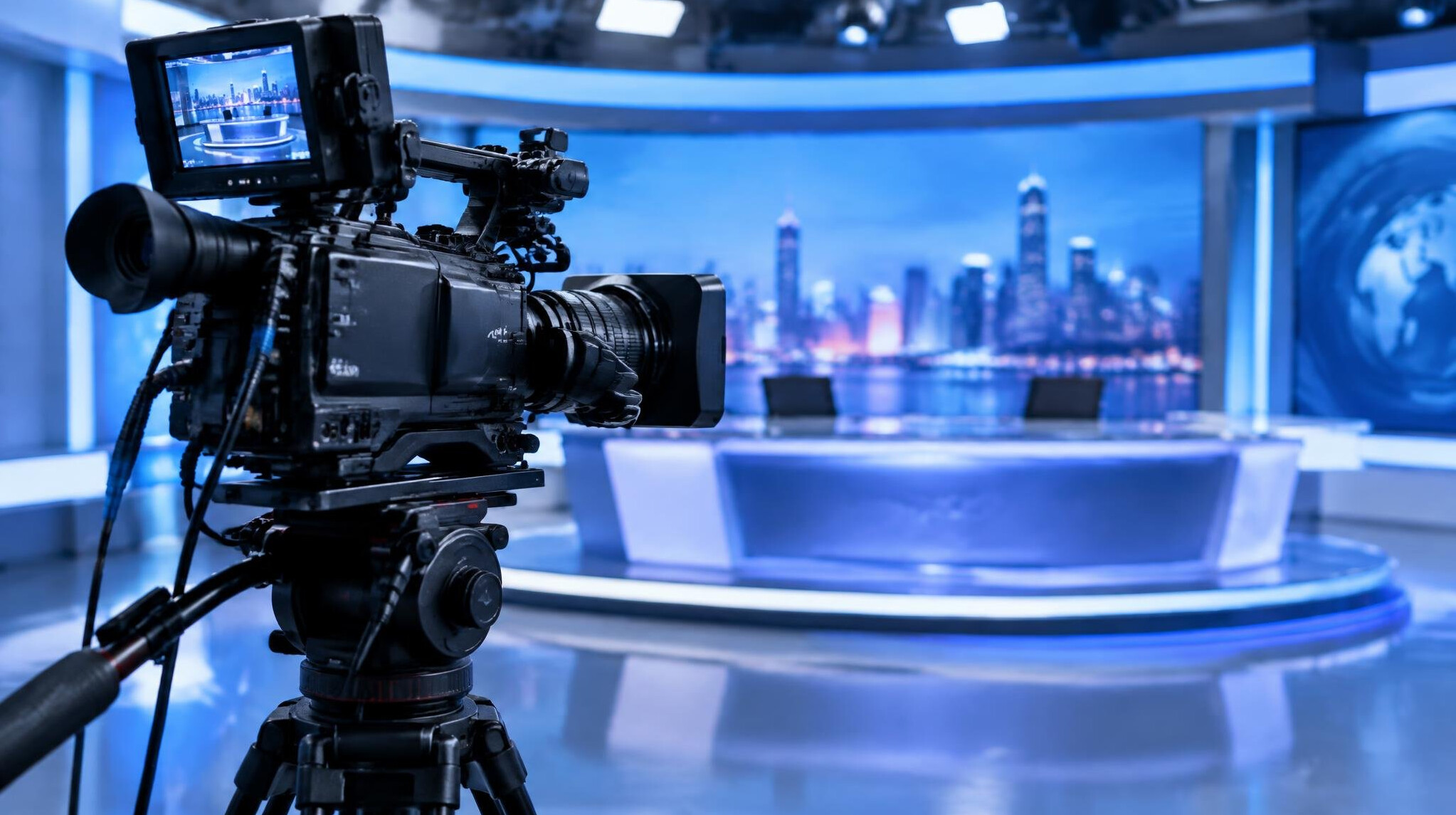 Video camera on a tripod in a news studio