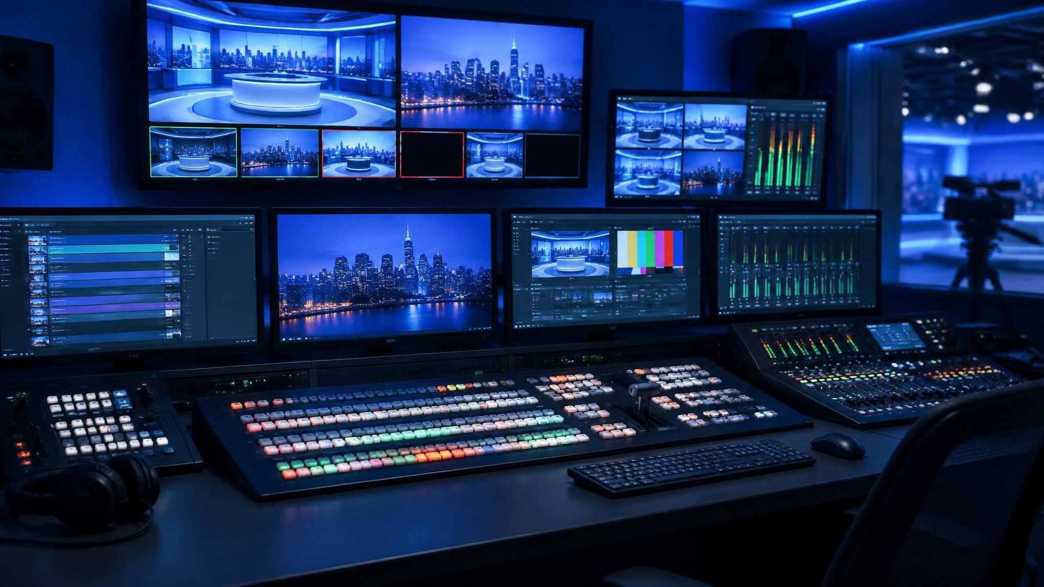 Studio control desk with monitors