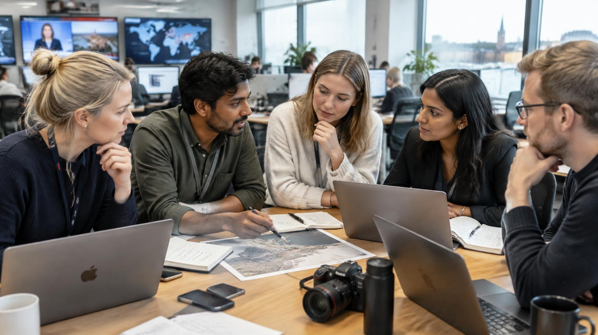 Media team planning a story around a table