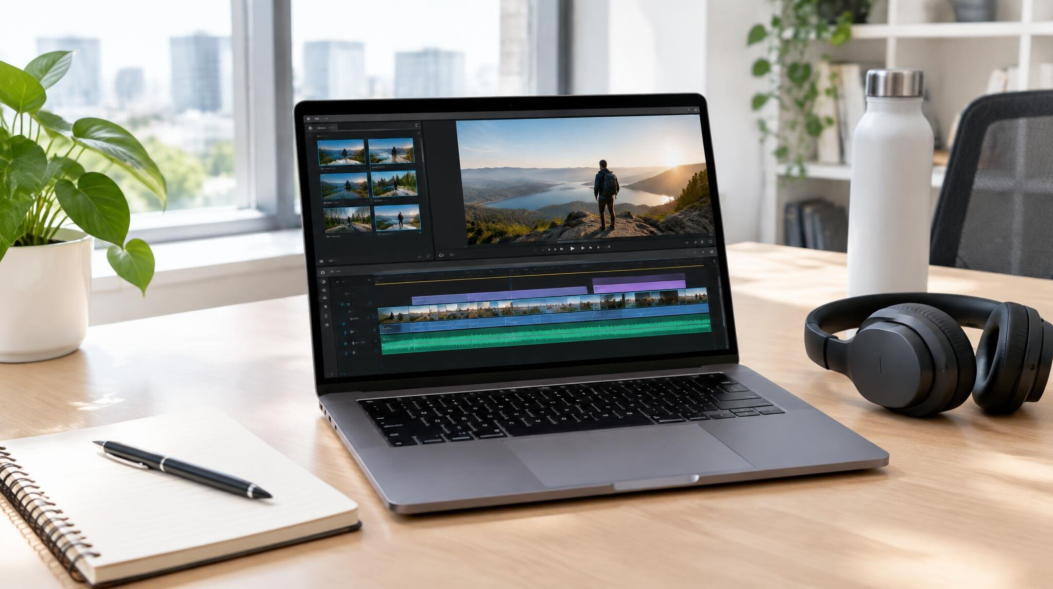 Laptop with editing software on a desk