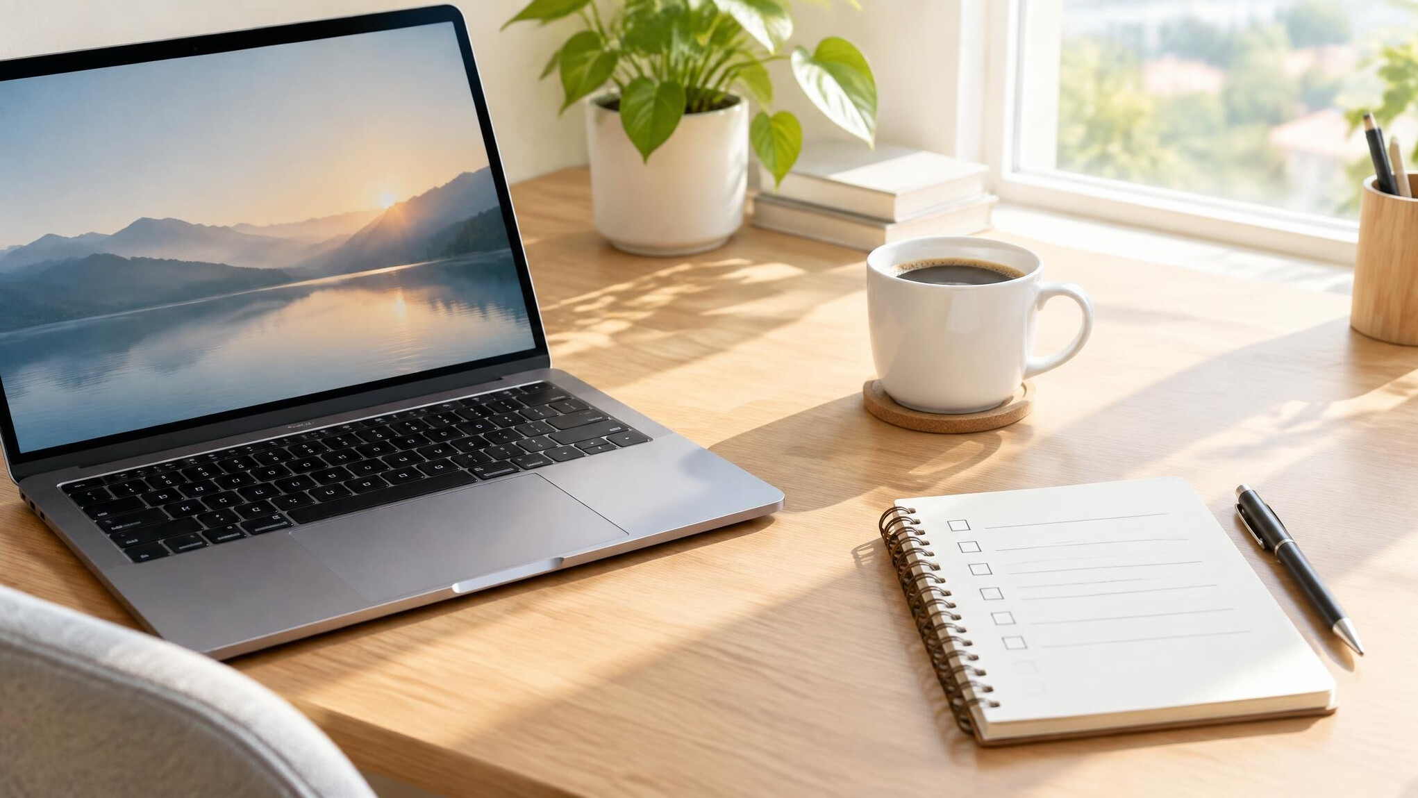 Laptop and notebook on a bright desk