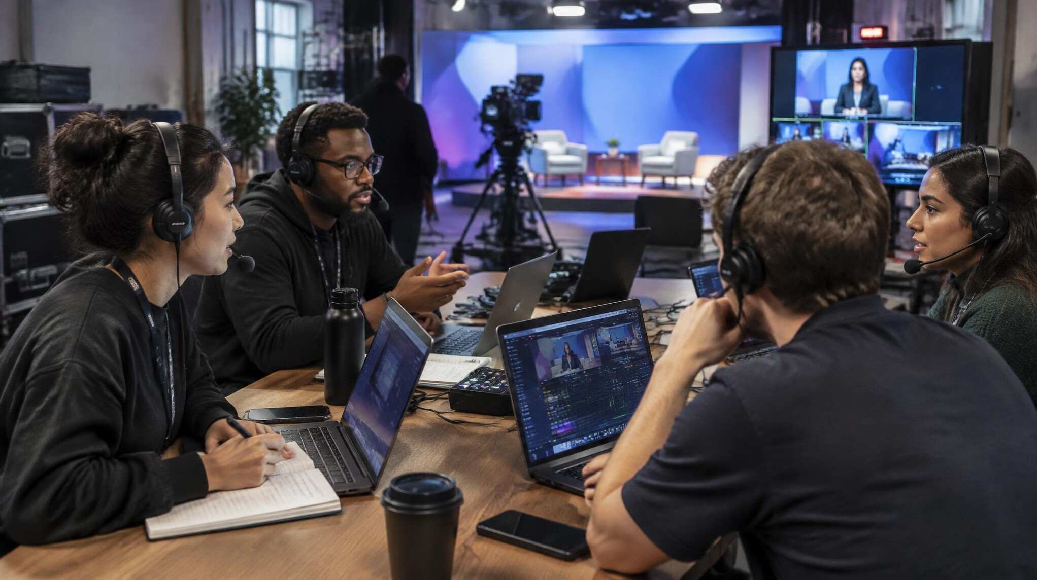 Studio team coordinating a broadcast