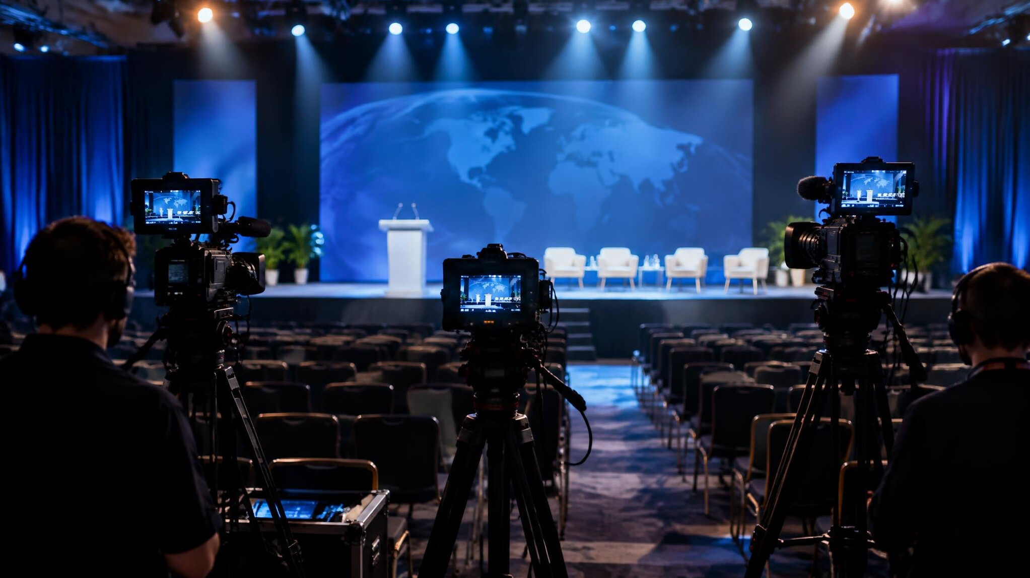 Event stage with cameras for field coverage