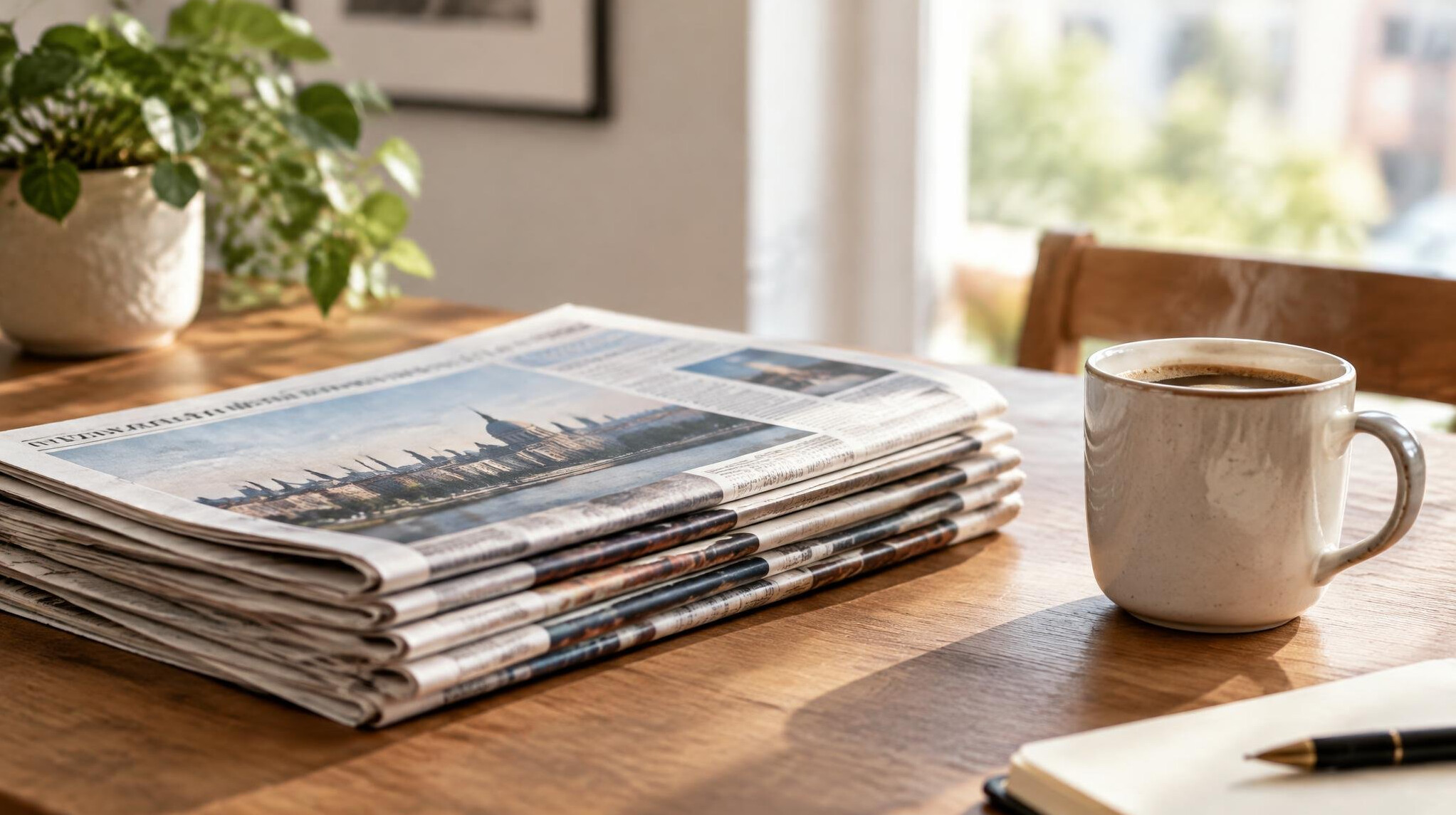 Stack of newspapers on a table