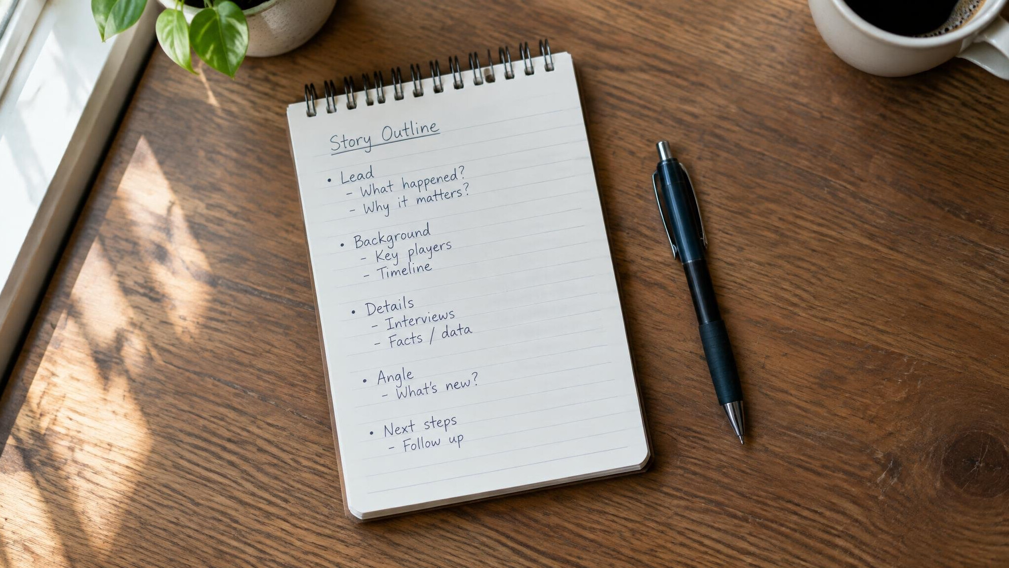 Notebook and pen for story preparation