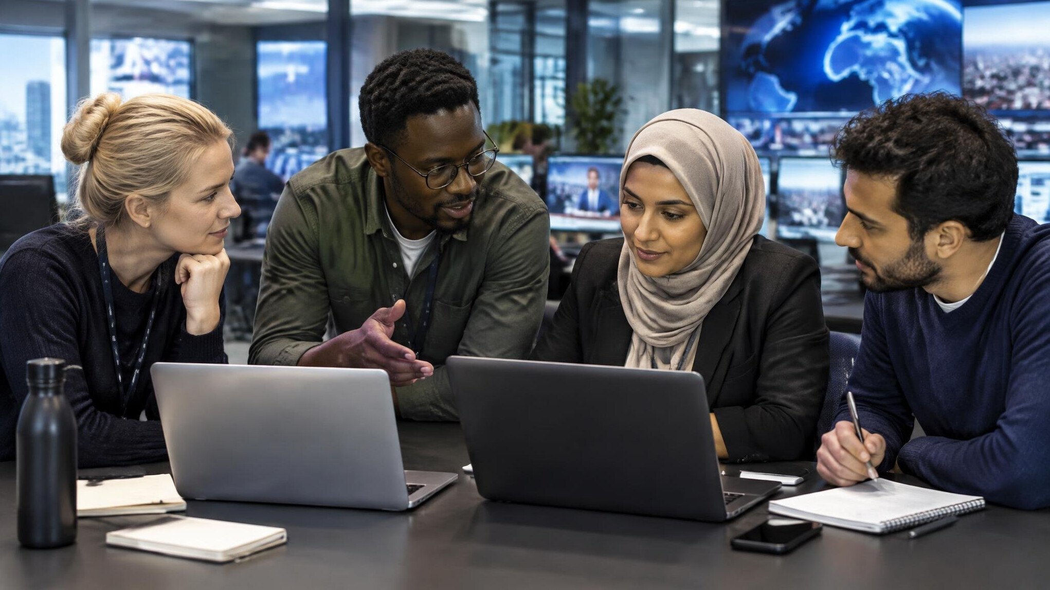 Colleagues collaborating in a newsroom